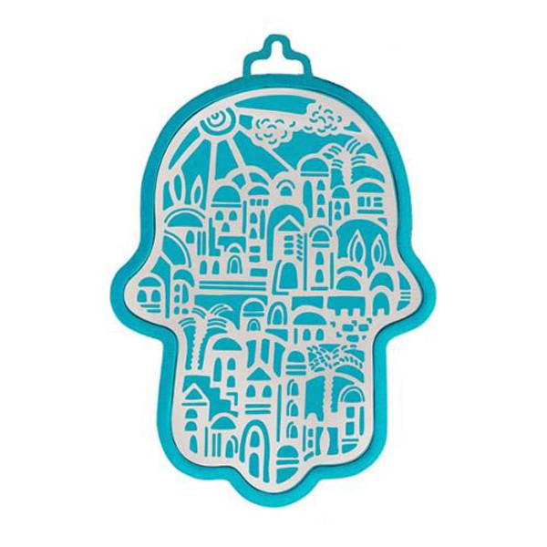 Teal Anodized Aluminum Jerusalem Cut Out Hamsa