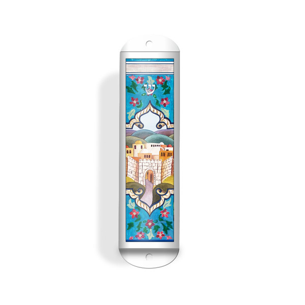 Mezuzahs | Glass Mezuzahs | Metal Holy City Graphic Mezuzah