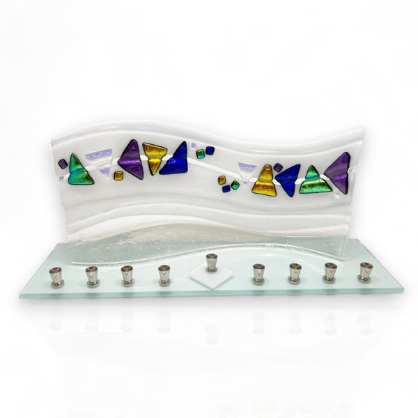 Hanukkah Gifts-Fused Glass Hanukkah Menorah Iridescent White Fused Glass
