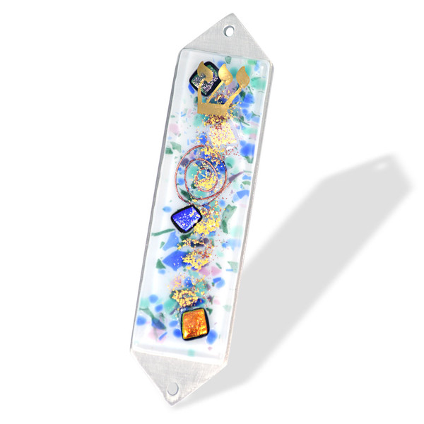 Jewish Gifts Judaica-Frosted Celestial Fused Glass Pewter Mezuzah