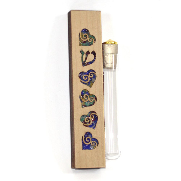 Wood Rainbow Glass Hearts Wedding Mezuzah