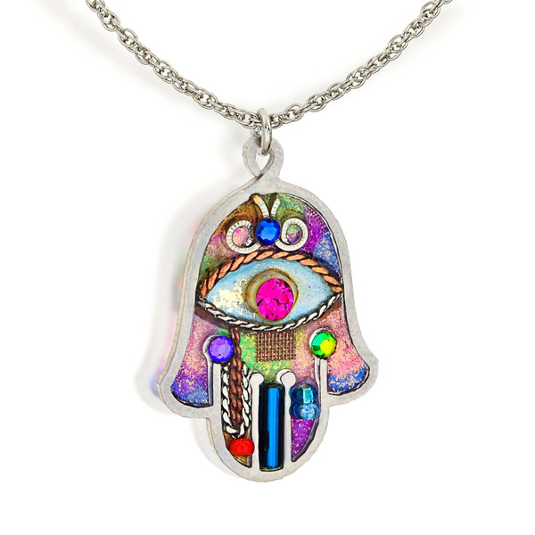 Jewish Jewelry|Pendant|Necklace|Multi-Colored Jeweled Hamsa Pendant Necklace
