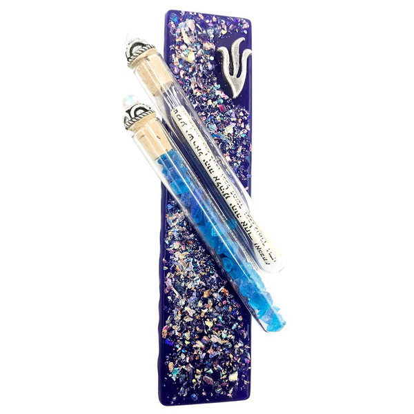 Jewish Wedding Gifts-Judaica-Wedding Glass Iridescent Blue Mezuzah