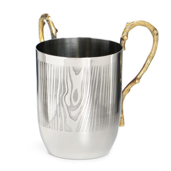 Jewish Gifts - Stainless Steel Wash Cup Brass Wood Texture Handles