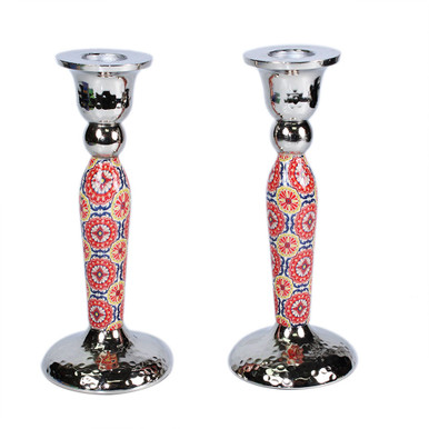 Metal Shabbat Candlesticks With Maroon Geometric Design