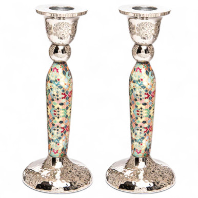 Metal Shabbat Candlesticks With Multi Color Mosaic Design