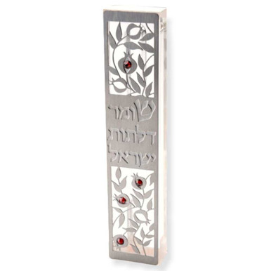 Laser Cut Pomegranate Mezuzah With Red Crystals
