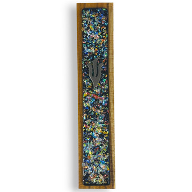 Black Iridescent Pebble Glass And Teak Wood Mezuzah