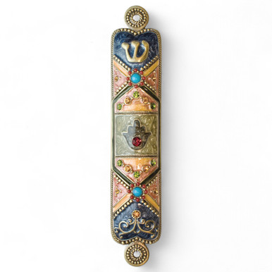 Stunning Blue & Rose Crystal Enamel Mezuzah and Kosher Scroll