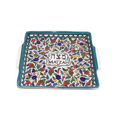 Ceramic Teal Armenian Design Matzah Tray
