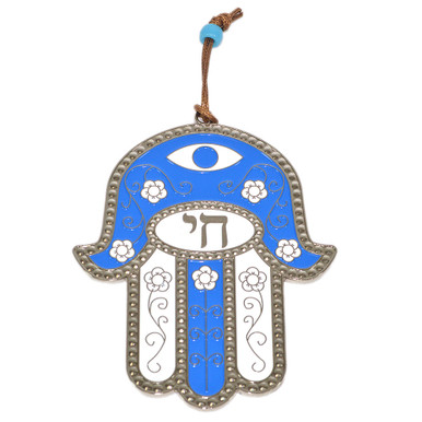 Jewish Gifts - Blue White Hamsa Chai Plaque