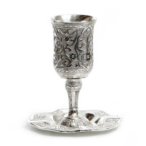 Antique Finish Silver Plated Kiddush Cup Tray
