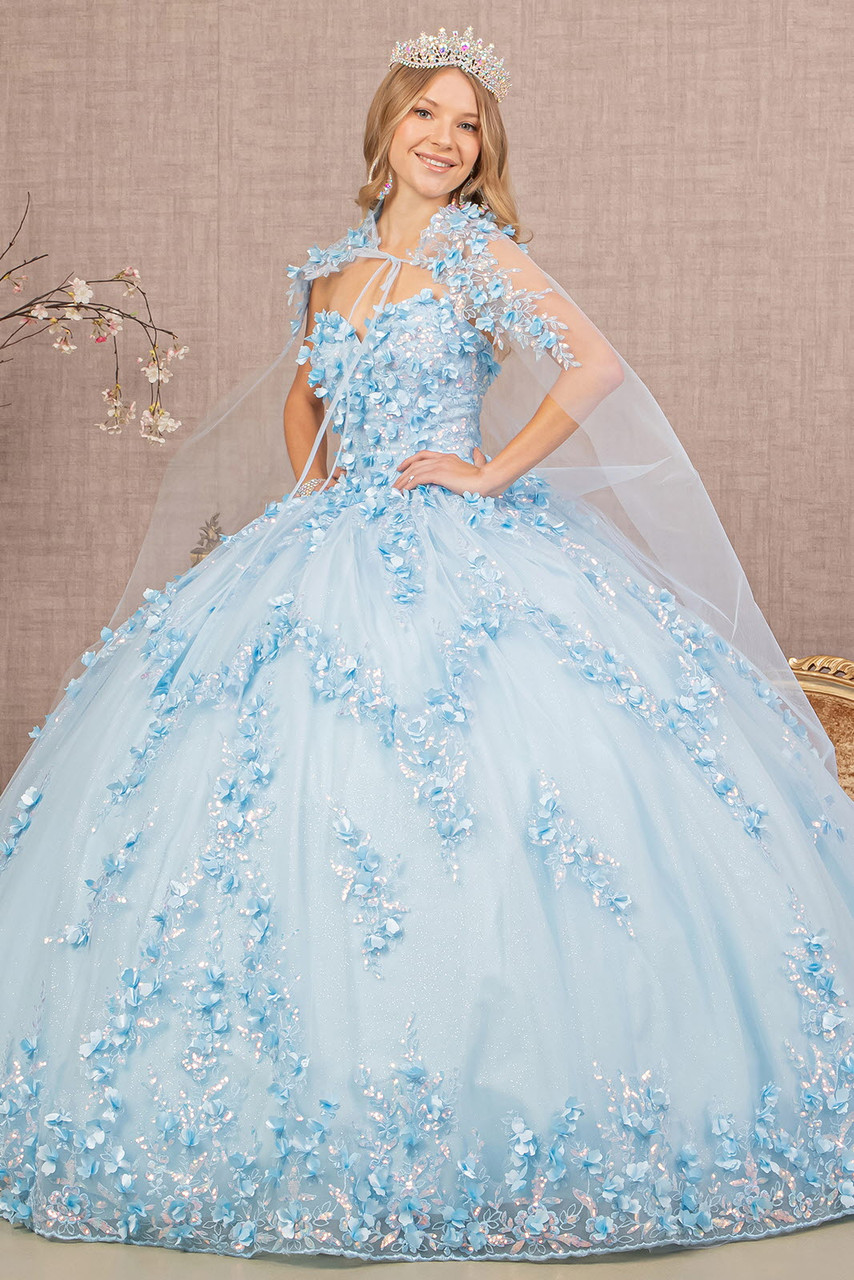 Pink Floral Blue Ball Gowns Wedding Dresses Tulle Cape Pageant Dresses –  SELINADRESS