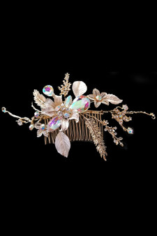 Hair Accessory: Flexible Gold Flower Hair Vine Detailed with AB Crystals and Rhinestone Studs.