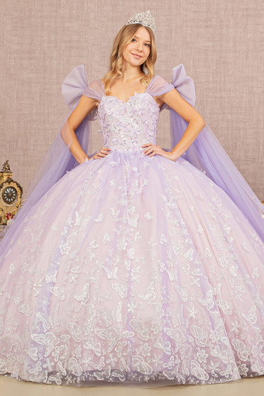 Jewel Glitter Quinceanera Gown w/ Long Mesh Layer and Ribbons