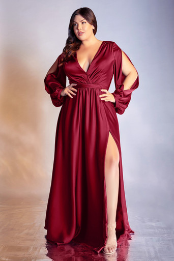 Romantic Deep V-Neck Satin Split Sleeves and Thigh High Slit Dress