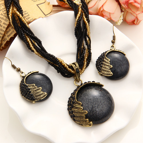 Multi-Layer Braided Necklace and Earring Set Black