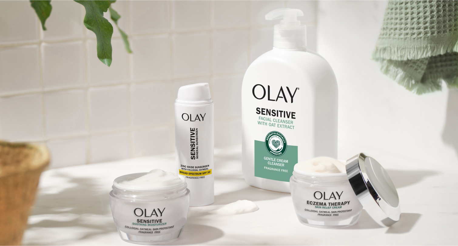 Olay Sensitive regimen collection on a countertop