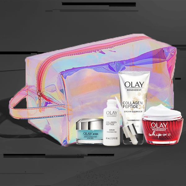 NEW Limited Edition Firming Gift Set (SPF moisturizer, serum, cleanser, eye gel & holographic beauty bag) floating on back background. Price $89.99.