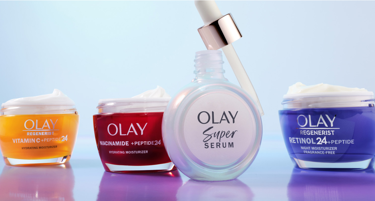 Olay Super serum lined up with Olay Vitamin C Moisturizer, Olay Niacinamide Moisturizer, and Olay Retinol24 Moisturizer.