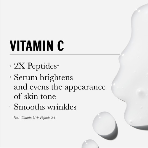 Vitamin C + Peptide 24 MAX | Brightening Serum texture. Vitamin c 2x peptides, serum brightens and evens the appearance of skin tone. Smooths wrinkles. Vs Vitamin C peptide 24