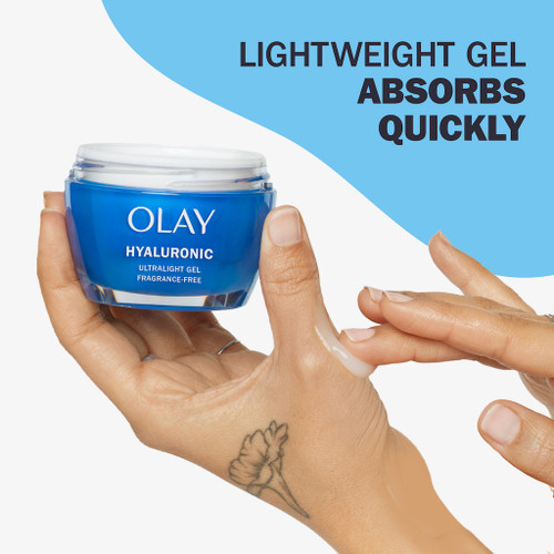 Hyaluronic moisturizer applied to hand. Lightweight gel absorbs quickly.