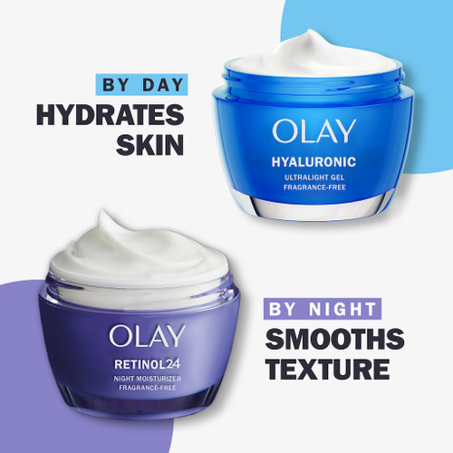 Hyaluronic Moisturizer jar, Hydrates skin by day. Retinol 24 Moisturizer jar, smooths texture by night.