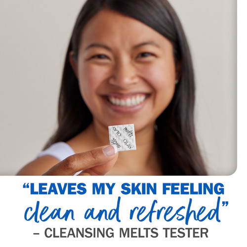 Model holding Melts tab. "Leaves my skin feeling clean and refreshed". Cleansing Melts tester.