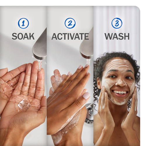 Soak, Activate, Wash. Model soaking tab in hand under water. Activating cleanser in hands. Applying Melts product to face.