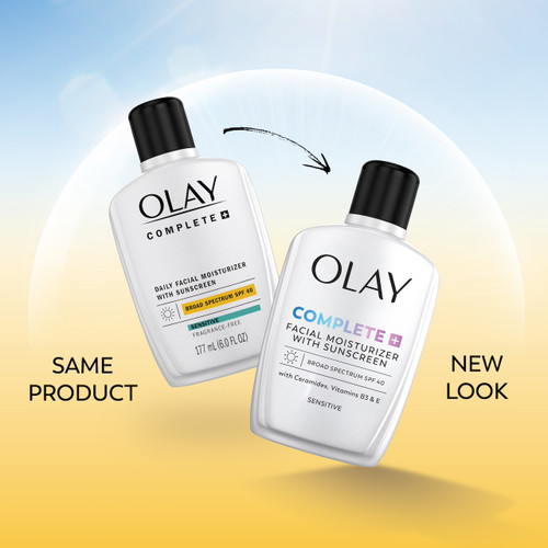 Olay Complete SPF 40 new and old design bottles. Same product, new look.