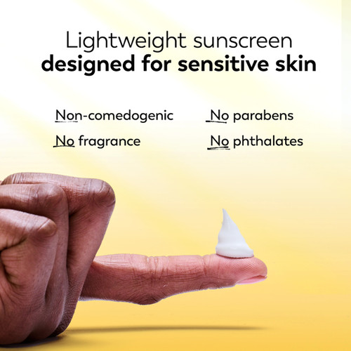 Model holding a drop on Olay Complete + Daily Facial Moisturizer with Sunscreen SPF 40 on finger. Lightweight sunscreen designed for sensitive skin. Non-comedogenic. No fragrance. No parabens. No Phthalates
