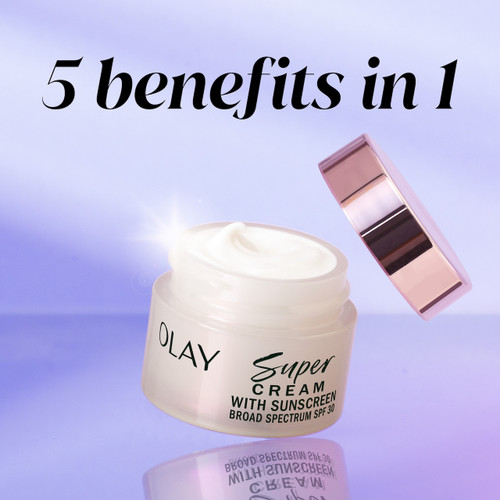 Olay Super Cream Mini with Sunscreen SPF 30, Ultra Lightweight SPF Face Moisturizer jar with lid off. 5 benefits in 1