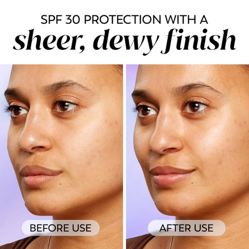 Model posing before and after use images. SPF 30 protection with a sheer, dewy finish.