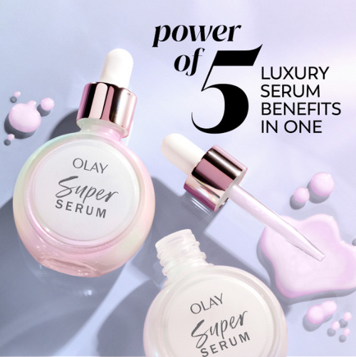 Super Serum bottles. Power of 5 Luxury benefits in one.