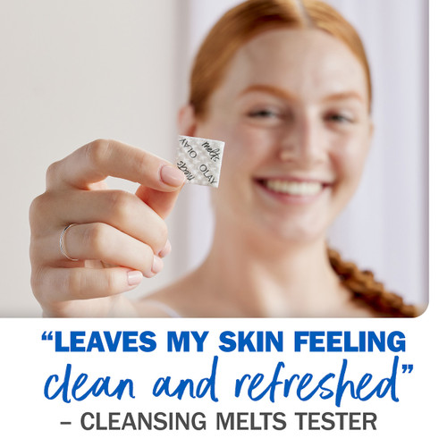 Model holding Melts tab. "Leaves my skin feeling clean and refreshed". Cleansing Melts tester.
