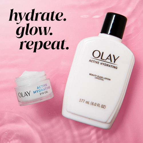 Olay Active Hydrating Eye Cream jar and Active Hydrating beauty fluid original bottle. Hydrate, glow, repeat.
