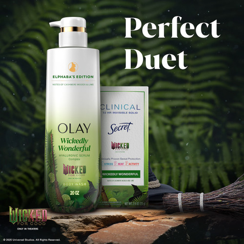 Olay Limited Edition Serum Body Wash, Couldn't Be Lovelier, 20 fl oz, Glinda's Edition bottle, and Secret Wickedly Wonderful deodorant. Perfect duet.