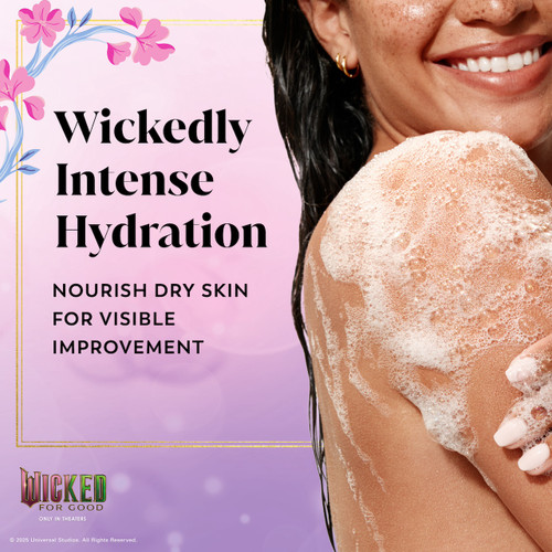 Model posing lathering body wash on skin. Wickedly intense hydration. Nourish dry skin for visible improvement.