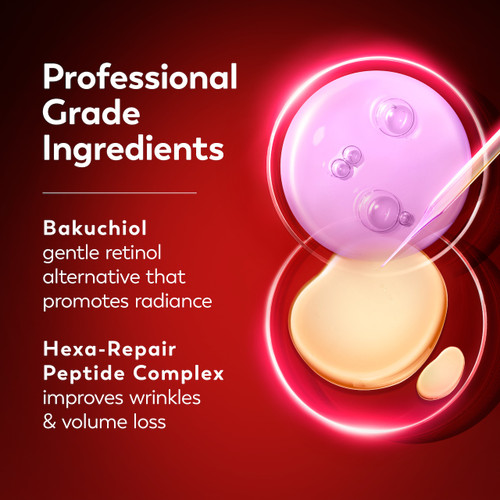 Ingredients. Professional grade ingredients. Bakuchiol gentle retinol alternative that promotes radiance. Hexa repair peptide complex improves wrinkles and volume loss.
