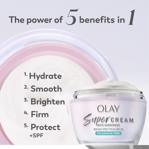 Super Cream jar. The power of 5 benefits in 1. Hydrate, smooth, brighten, firm, protect plus SPF