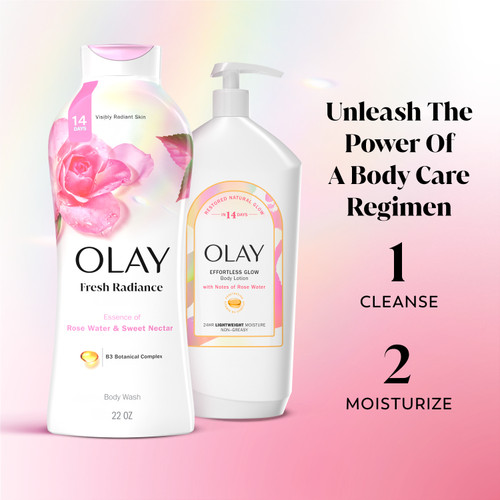 Olay Fresh Radiance Essence of Rose Water and Sweet Nectar body wash bottle and Olay Effortless Glow body lotion bottles. Unleash the power of a body care regimen. 1 cleanse, 2 moisturize.