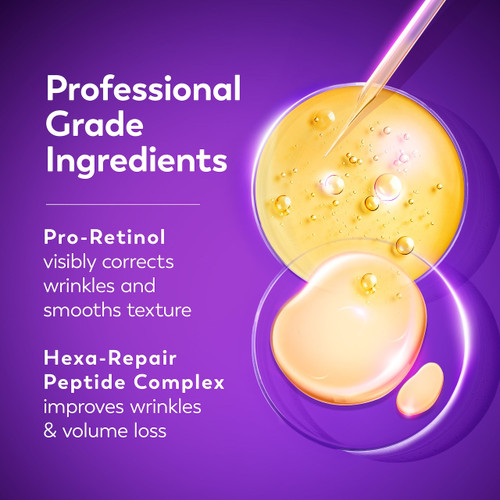 Ingredient. Professional grade ingredients. Pro retinol visibly corrects wrinkles and smooths texture. Hexa repair peptide complex improves wrinkles and volume loss.