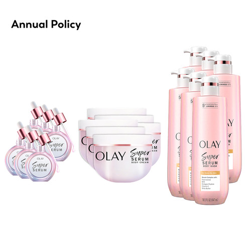 OLAY Skinsurance for Dry Skin bundle products with 'Annual Policy' text on the top left corner of the image