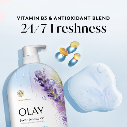 Fresh Radiance Body Wash Bottle and vitamin capsules. Vitamin B3 and antioxidant blend. 24/7 freshness
