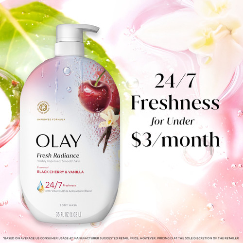 Olay Fresh Radiance Body Wash with Essence of Black Cherry and Vanilla, Vitamin B3 and Antioxidant Blend 35oz
