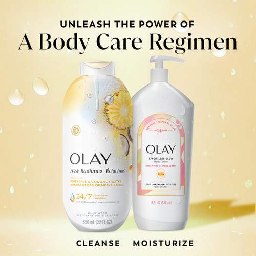 Fresh Radiance Body Wash bottle and effortless glow body lotion bottle. Unleash the power of a body care regimen. Cleanse moisturize.