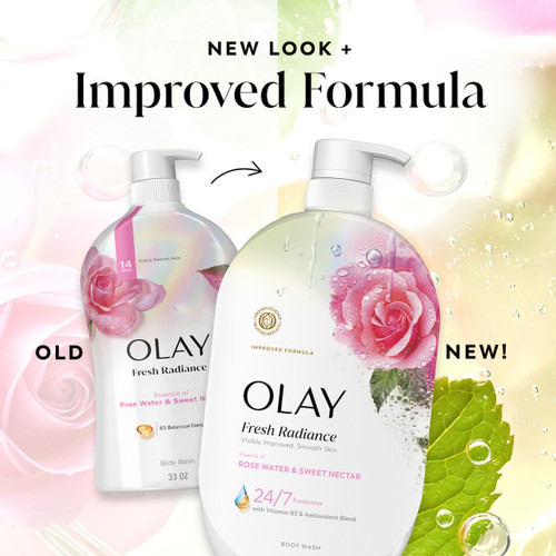 Fresh Radiance Body Wash bottle with leaves and watermelon in water. 24/7 freshness for under $3 a month
