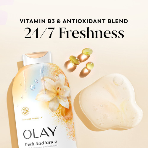 Fresh Radiance Body Wash Bottle and vitamin capsules. Vitamin B3 and antioxidant blend. 24/7 freshness