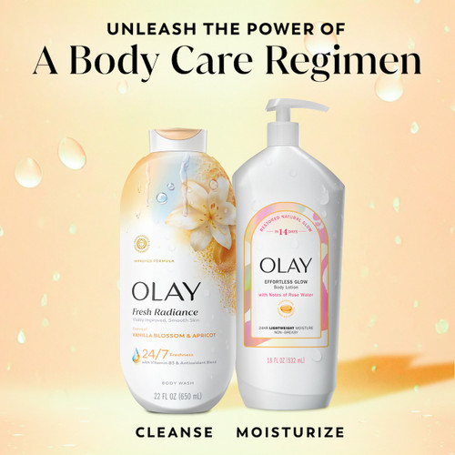 Fresh Radiance Body Wash bottle and day and effortless glow body lotion bottle. Unleash the power of a body care regimen. Cleanse moisturize.