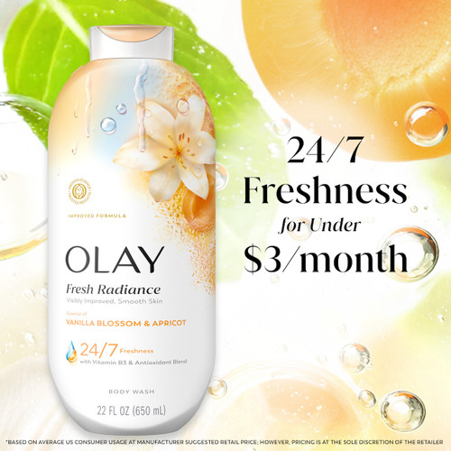 Fresh Radiance Body Wash bottle with leaves and apricots in water. 24/7 freshness for under $3 a month